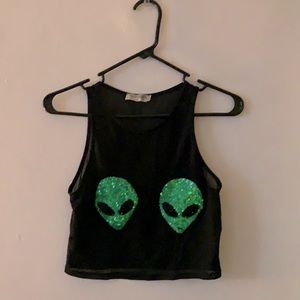 Sheer Sleeveless Sequined Alien Boob Crop Top